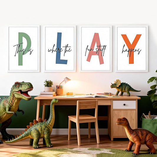 Cute Alphabet Play Framed Wall Art Set of 4, Natural Educational Alphabet Wooden Sign for Baby Girl Kid Boy Toddlers, White Boho Preschool English Letters Nursery Decor for Homeschool Playroom