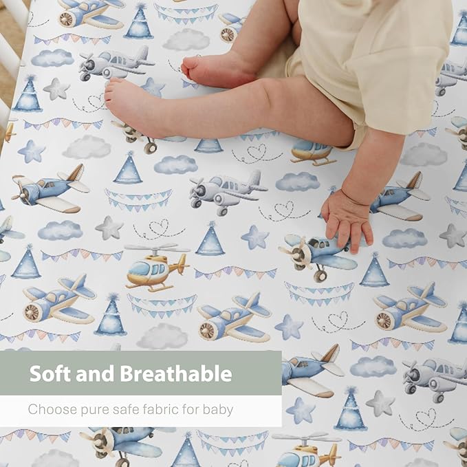 Vintage Planes Airplanes Helicopters Baby Crib Sheets Boy Girl 28"x52" Retro Stars Plane Clouds Sky Soft Stretchy Fitted Crib Mattress Cover Baby Sheet for Standard Crib & Toddler Mattress Pad