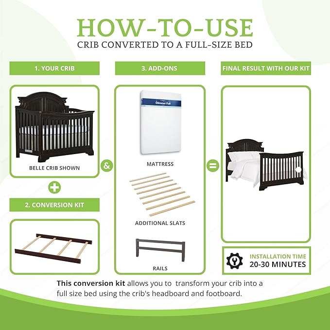 Full-Size Conversion Kit Bed Rails for Evolur Cribs - Solid Wood Crib Convertible Kit to Kids Bed - Transitional Style Rails & Easy-to-Install Child Essentials for Safety (Dark Chocolate)