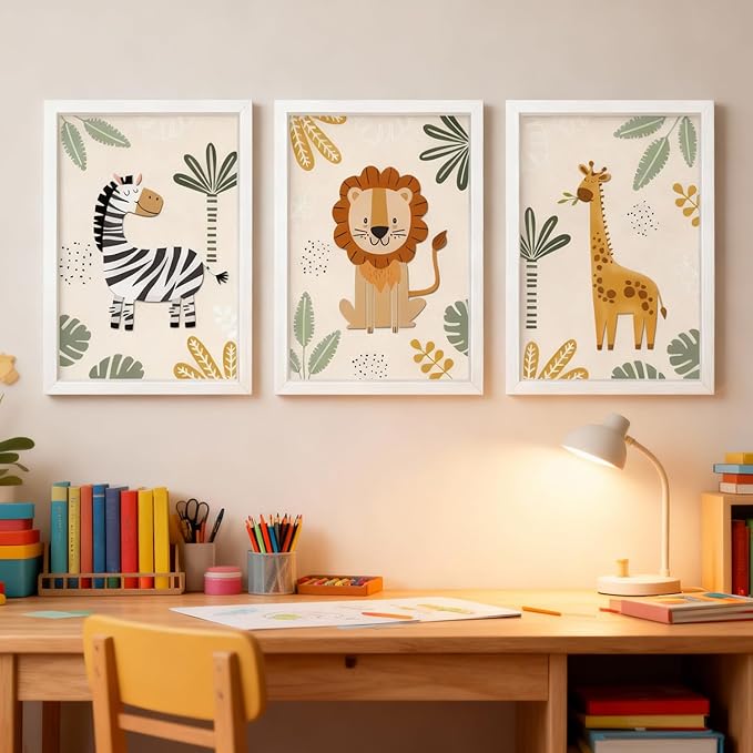 Cute Zebra Lion Giraffe Quote Framed Wall Art Set of 3, 11x16 Boho Educational Animal Wall Sign for Baby Girl Kid Boy Toddlers, Wooden Inspirational Nursery Wall Decor White