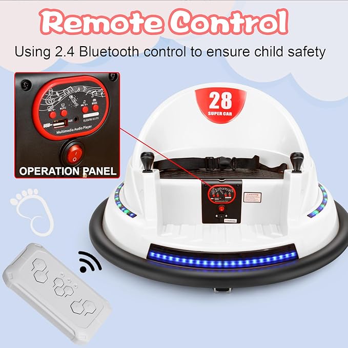 Edostory Electric Ride On Bumper Car Kids 12V 3-Speeds for Toddlers, 1.5-8 Years Old Baby Bumping Toy Cars, DIY Sticker Baby Toy Gifts, Remote Control, Bluetooth, 360 Spin ASTM-Certified White