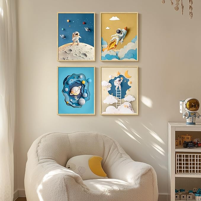 Framed Space Astronaut Wall Art for Nursery Decor, 4 Piece Outer Space Themed Canvas Art Prints Paintings, Planet Rocket Pictures for Bedroom, Kids Room, Baby Room, Boys Room, Bathroom Wall Decor