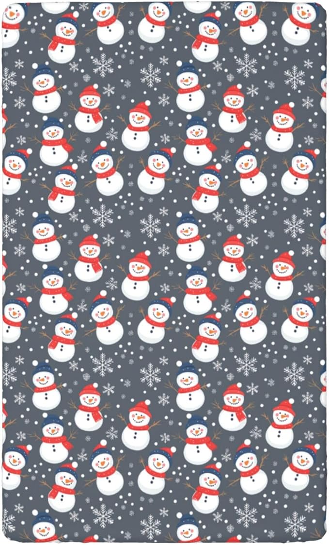Christmas Theme Fitted Crib Sheet,Winter Snow Snowman Snowflakes Pattern,Portable Mini Crib Sheets Soft and Stretchy Fitted Crib Sheet - Great for Boy or Girl Room or Nursery,24“ x38“,Multicolor
