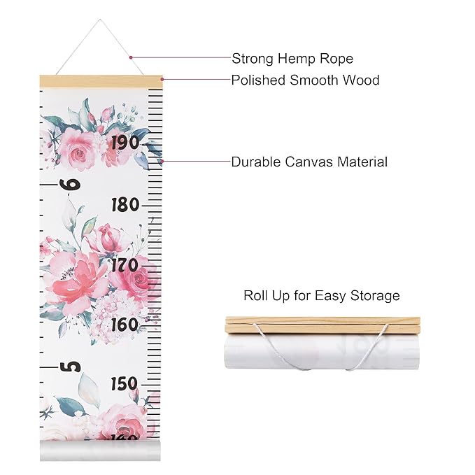 BESSLEE Canvas Kids Growth Chart for Wall, Floral Height Measurement Tracker for Baby Girl, Hanging Ruler with Removable Hook, Nursery Room Playroom Toddler Bedroom Decor, 79”x7.9” Pink