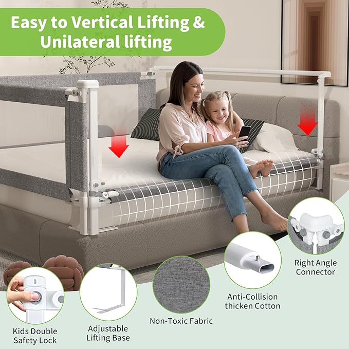 3-Piece Full Size Bed Rail for Toddlers - Adjustable Baby Bed Rail Guard, Kids Safety Bed Rail for Full Size Bed (74.8"x74.8"x54"-Grey)
