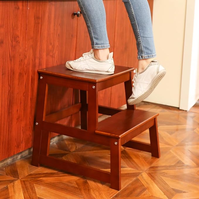 Kids Kitchen Step Stool for Kids with Safety Rail,Solid Wood Construction Toddler Learning Stool, Montessori Toddlers Kitchen Stool Tower (Walnut)
