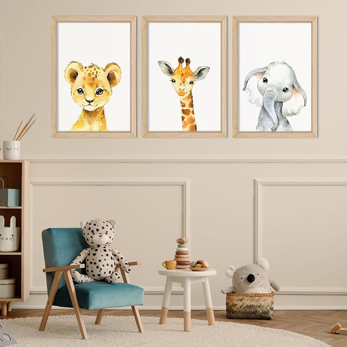 YWJKWLGS Baby Safari Nursery Wall Decor 16"x24" Set of 3 Cute Animal Giraffe Elephant Lion Prints Sign Wood Framed for Children's Room Wall Art (Wood)