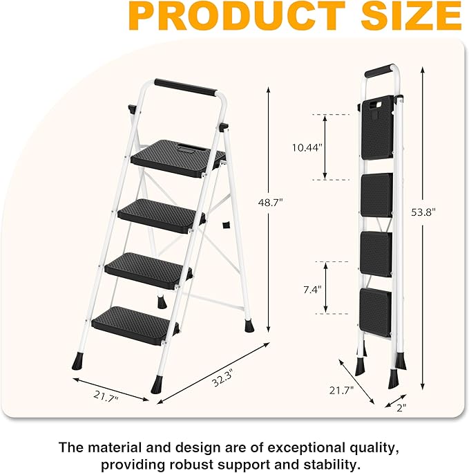 4 Step Ladder, Portable Steel Folding Step Stool with Wide Anti-Slip Pedal & Convenient Handgrip, 500lbs Sturdy Steel Ladder, White