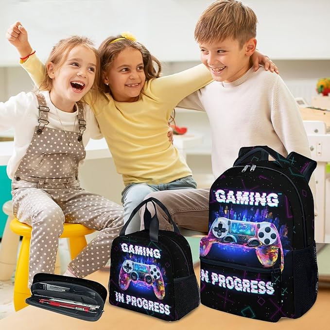 COZYAURA Backpacks for Boys - 3Pcs Video Gaming Bookbag for Kids - Gamer School Bag for Boys - Kids Backpacks with Lunch Box Pencil Case Set
