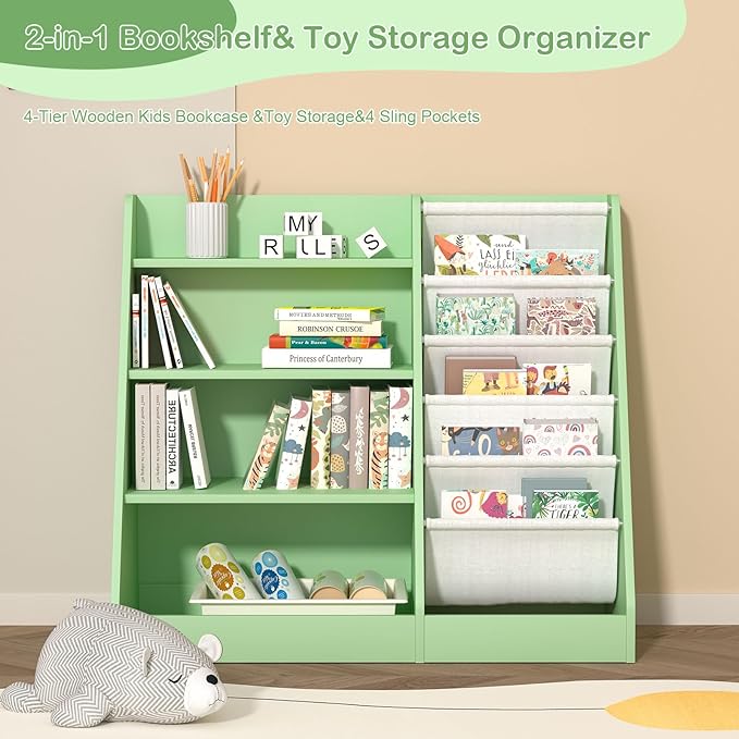 HedoAjim Kids Bookshelf Toddler Bookcase Children Book Rack Baby Toy Storage Organizer Child Book Display Shelf 4-Tier 5 Layer Sling Cabinet Chest Playroom Bedroom Classroom Library Green