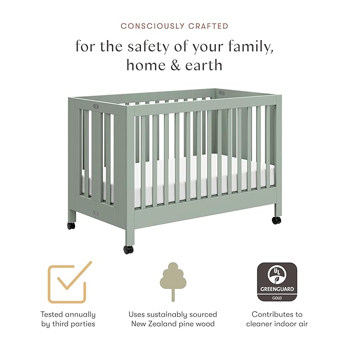 Babyletto Maki 2-in-1 Portable Folding Crib with Toddler Bed Conversion Kit in Light Sage, Greenguard Gold Certified