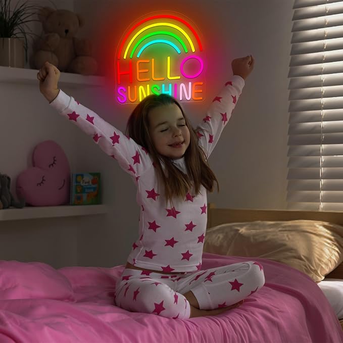 Hello Sunshine Neon Sign for Wall Decor Dimmable Colorful Rainbow LED Neon Lights for Classroom Bedroom Decor Affirmation Positive Wall Art for Party Office Living Room Gifts Size 13.8*12.8in(GLNP300)