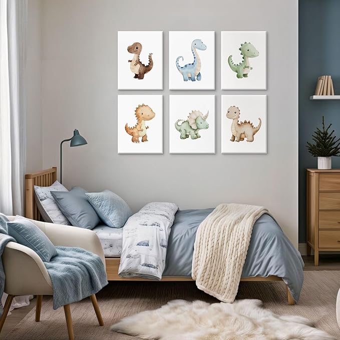Dinosaur Nursery Wall Art Kids Canvas Poster Baby Boy Nursery Wall Decor Watercolor Dino Prints Toddler Pictures Cute Dinosaur Themed Artwork Painting for Boys Room Bedroom 8x10x6 Inch Ready to Hang