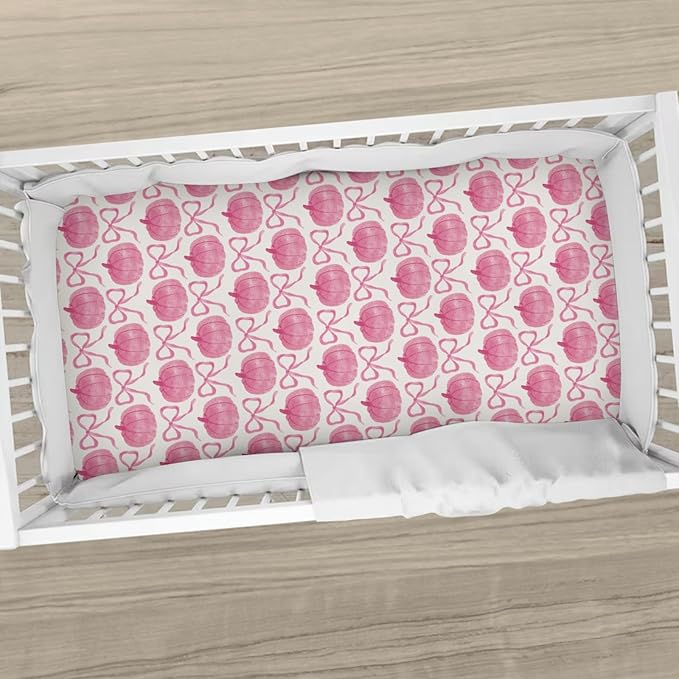 Fall Pumpkins Pink Bows Baby Crib Sheets Vintage Autumn Pumpkins Baby Sheet Thanksgiving Harvest Fitted Crib Mattress Cover for Standard Crib and Toddler Mattress 28"x52"