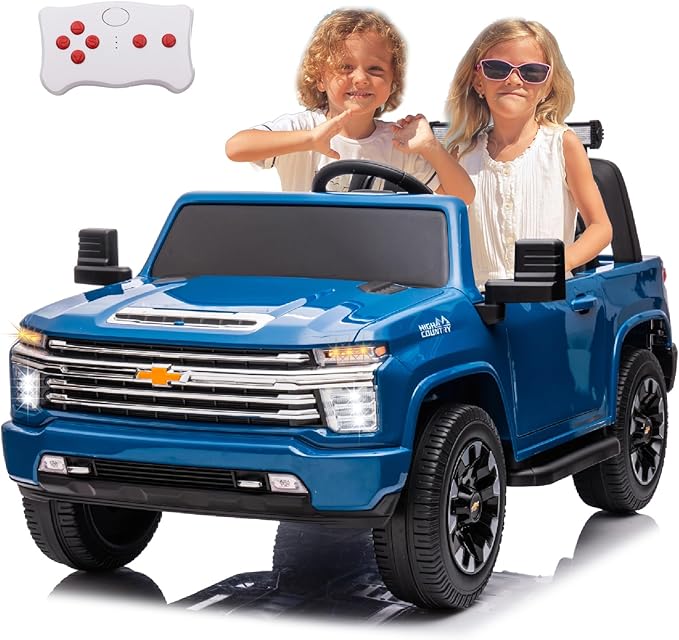 2 Seater 24V Chevrolet Silverado HD Pickup,4WD Electric Vehicle with Parent Remote, Wear-Resistant Tires Ride On Car Electric Power Vehicles Wheels Ride on Toys for Boys,(Blue)
