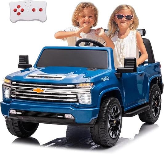 2 Seater 24V Chevrolet Silverado HD Pickup,4WD Electric Vehicle with Parent Remote, Wear-Resistant Tires Ride On Car Electric Power Vehicles Wheels Ride on Toys for Boys,(Blue)