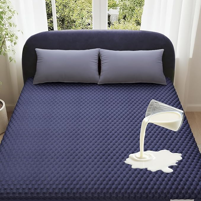 OhGeni 100% Waterproof Mattress Protector, Full-Navy Blue Size Mattress Pad, Fits 6"-20" Mattresses with Deep Pocket, Cooling, Breathable Fitted Sheets, Soft Bed Cover, Noiseless, Machine Washable