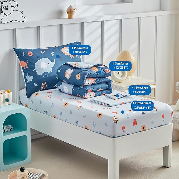 DuShow 4 Pieces Toddler Bedding Set for Boys,Navy Blue Animals Pattern Crib Comforter Set,Soft Toddler Bed Sheets Set Includes Flat Sheet,Fitted Sheet,Quilted Comforter,Pillowcase