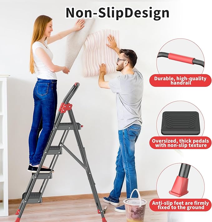 DIAMONDFORGE 4 Step Ladder, Folding Step Stool with Anti-Slip Wide Pedal, Soft Handle, Anti-Slip Feet, Sturdiest Steel Construction, 900lbs Capacity Steel Ladder for Home and Office, BlackRed