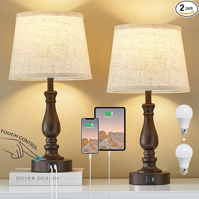 EJIAXIN Table Lamps for Bedrooms Set of 2 - Touch Bedside Lamps with USB C+A Ports - Dimmable Nightstand Lamps for End Tables Farmhouse Night Stand Lamps for Living Room Bed Side Guest Room