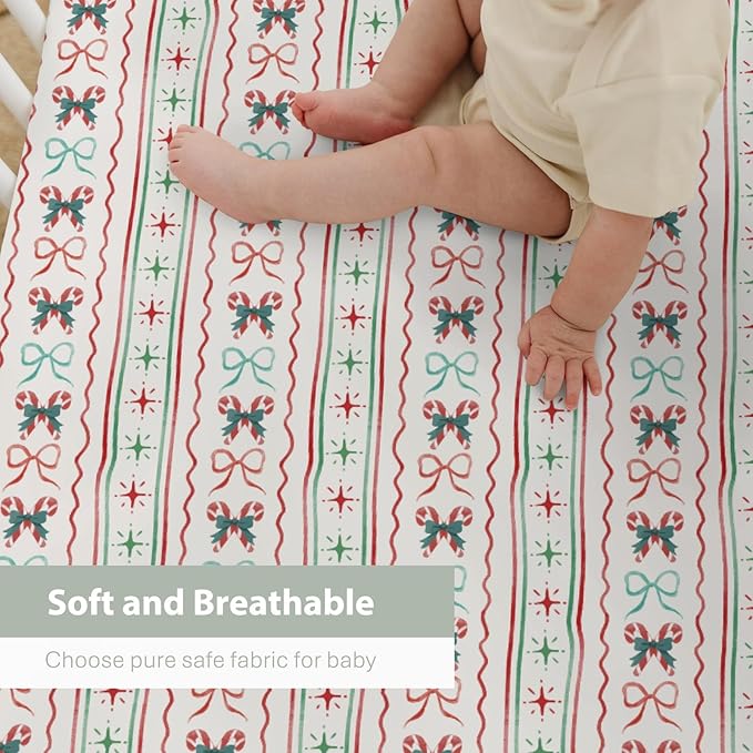 Red and Green Christmas Candy Stripes Bows Baby Crib Sheets for Boy Girl 52x28Inch Winter Christmas Soft Snug Fitted Crib Mattress Cover Festive Holiday Baby Sheet for Standard Crib & Toddler Mattress