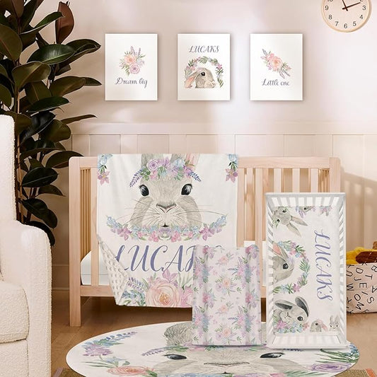 Custom Crib Bedding Set – Personalized Name Bunny Baby Bedding 5-Piece Set with Soft Blanket, Fitted Sheet, Changing Pad Cover, Rug and Wall Art – Adorable Gray Rabbit Nursery Decor for Newborn Girls