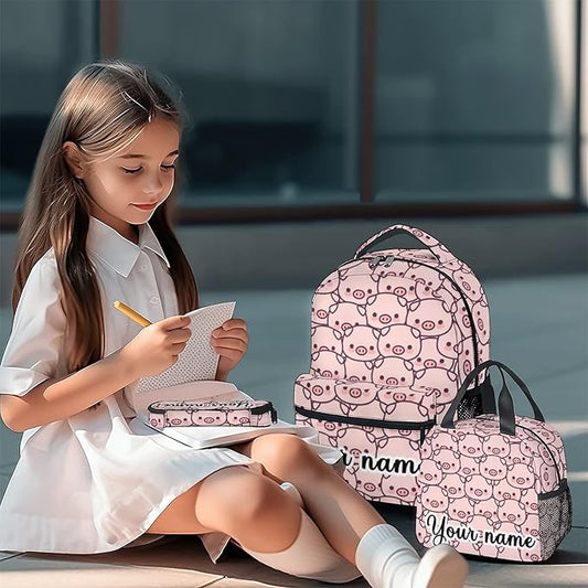 AIOMXZZ Personalized Pig Backpack with Lunch Box and Pencil Case, 16 Inch Cute Pig Bookbag Durable, Lightweight, Large Capacity, Funny Animal Backpack for School Girls Kids Women