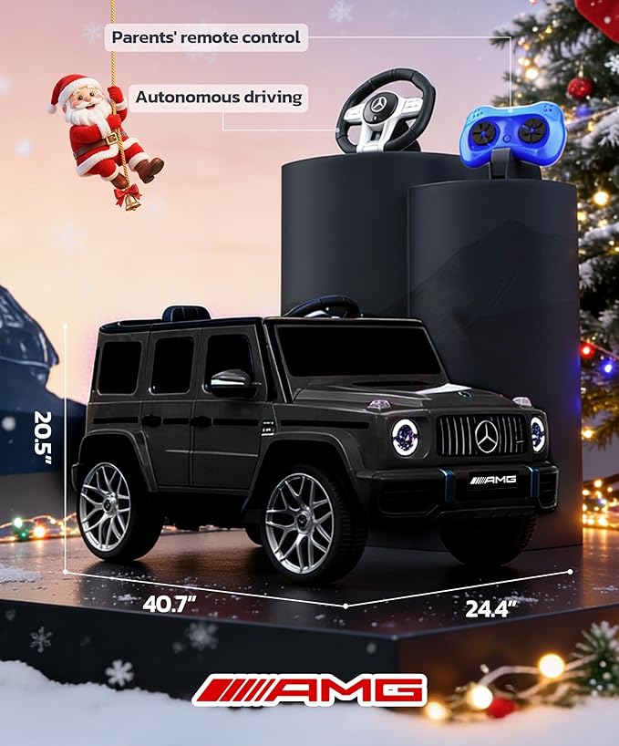 ELEMARA Licensed Mercedes-Benz AMG G63 Ride on Toys,12V Ride on Car with Remote Control,Rechargeable Battery,Flickering Lights/LED Lights, Bluetooth,Music & Horn, Soft Start, Low Battery Prompt,Black