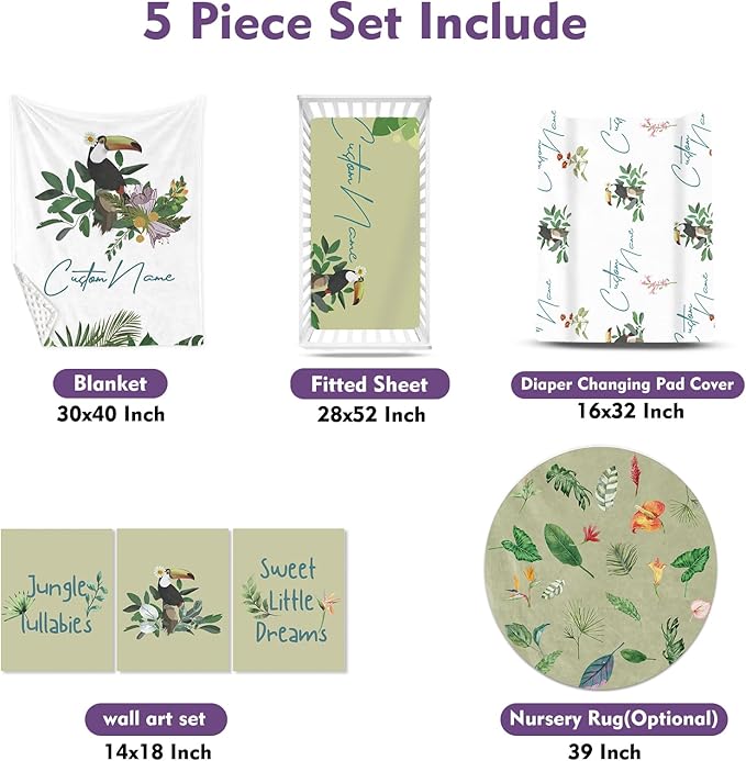 Custom Crib Bedding Set – Personalized Name Tropical Toucan Baby Bedding 5-Piece Set with Soft Blanket, Fitted Sheet, Changing Pad Cover, Rug and Wall Art – Colorful Jungle Nursery Decor