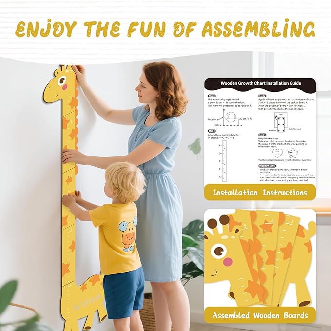 Woodemon Personalized Name Growth Chart for Kids, Giraffe Height Chart for Boy Girls, Measuring Board for Kids Height, Patchwork Wooden Height Chart Measuring Board, Nursery Growth Chart Ruler