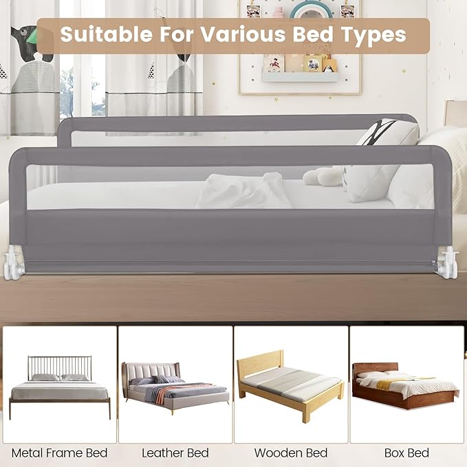 HONEY JOY Bed Rail for Toddlers, 71-in Extra Long, Portable Safety Bed Guardrail w/Double Safety Child Lock, Foldable Baby Bed Rail Guard, Fit King & Queen Full Twin Size Bed Mattress(Gray, Pack 2)