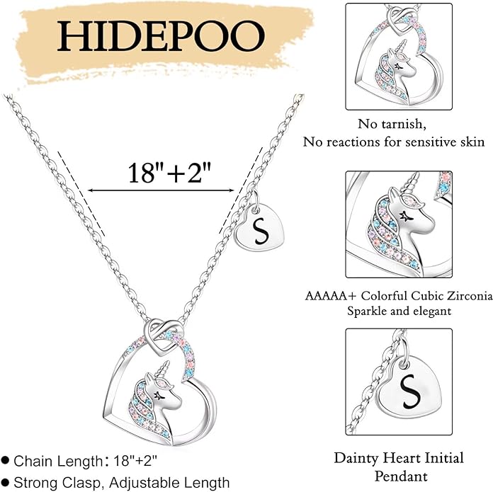 Hidepoo Stocking Stuffers for Teen Girls Kids - Colorful CZ Heart Pendant Initial Unicorn Necklaces for Girl Jewelry Birthday Gift Christmas Gifts for Grandkids Girls Kid