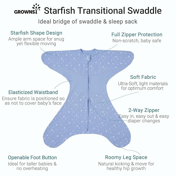 GROWNSY Transitional Swaddle Sleep Sack 6-12 Months, Starfish Design Baby Swaddle Sack, Dual-Zipper for Easy Diaper Changes, Proper Hip Development & Openable Foot Button, 19-27 lbs, Blue
