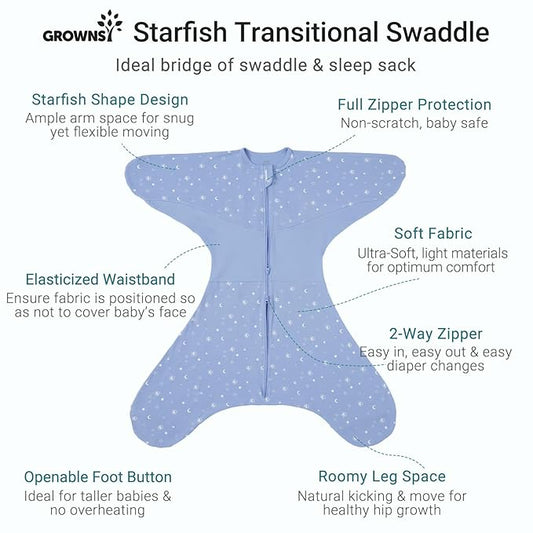 GROWNSY Transitional Swaddle Sleep Sack 3-6 Months, Starfish Design Baby Swaddle Sack, Dual-Zipper for Easy Diaper Changes, Proper Hip Development & Openable Foot Button, 12-20lbs, Blue