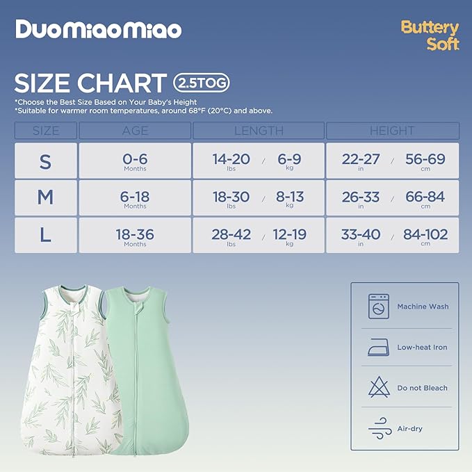 Duomiaomiao 2 Pack Baby Sleep Sack 95% Rayon Made from Bamboo, 5% Spandex, 2.5 TOG Baby Wearable Blanket 0-6 Months, Premium Soft Winter Toddler Sleep Sack, 2-Way Zipper Sleeping Bag for Unisex Babies