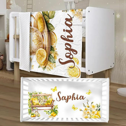 Personalized Baby Crib Bedding Set, Custom Name Lemon Tea Design Baby Bedding 2-Pcs Set-Soft Double Layer Dotted Blanket and Fitted Sheet, Nursery Bedding for Newborn Boys Girls, Perfect Shower Gift