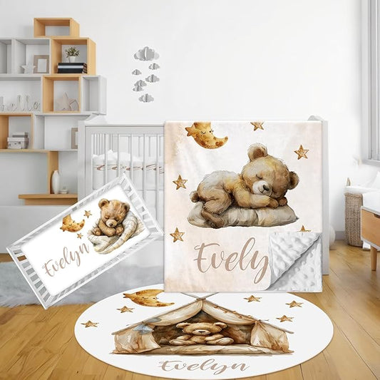 Custom Baby Bedding Set, 3 Pcs Personalized Name Crib Bedding Set for Nursery, Soft Double Layer Baby Crib Set for Boys Girls, Customized Gifts for New Parents Infants Toddlers, Brown Bear