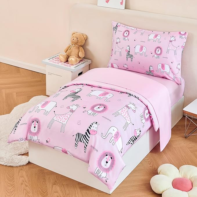 URBONUR 4-Piece Toddler Bedding Set - Ultra Soft Cartoon Pink Zoo Animals Girls Toddler Comforter Set - Include Comforter, Flat Sheet, Fitted Sheet and Reversible Pillowcase, Pink Animal