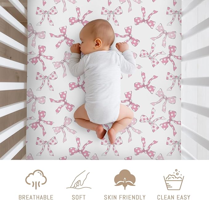 Pink Dot Bows Baby Crib Sheets for Girls Sweet Girly Bows Soft Stretchy Fitted Crib Mattress Covers for 52''x28'' Standard Crib & Toddler Bed Mattress Cute Pastel Ribbon Valentine Baby Sheets