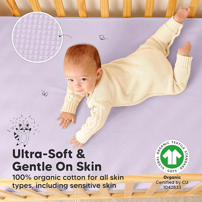 2-Pack Waterproof Crib Mattress Protector Cover Fitted - Quiet Baby Crib Mattress Pad Sheets, 52" x 28" Soft Quilted Cotton Baby Sheet, Machine Washable, Easy Fit, Durable (Lilac/Quin)