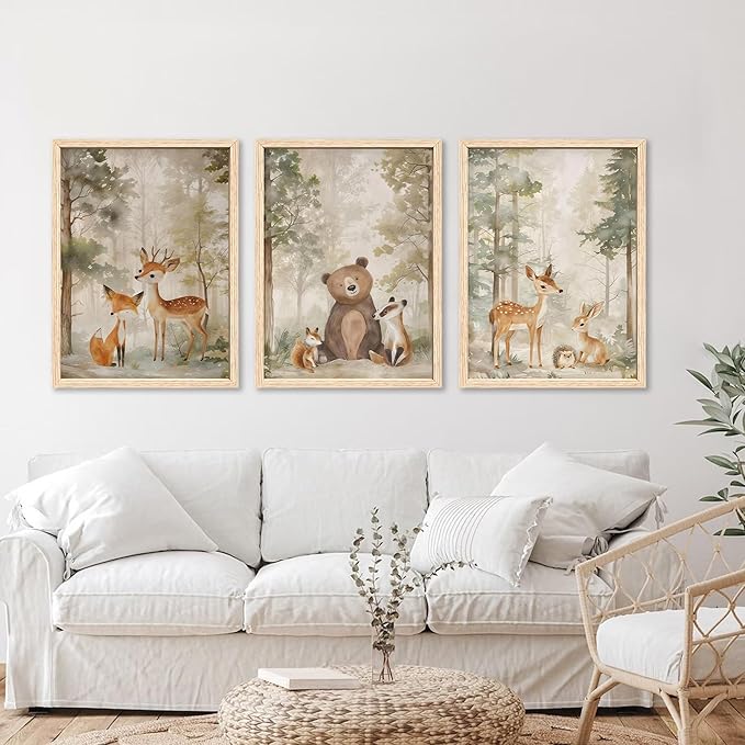 ICHZUMW Woodland Nursery Decor Wall Art Set of 3, Cute Forest Friend Animal Canvas Prints Bear Fox Deer Pictures, Nature Watercolor Paintings, Baby Room Kids Bedroom Playroom, Neutral Artwork 12x16in