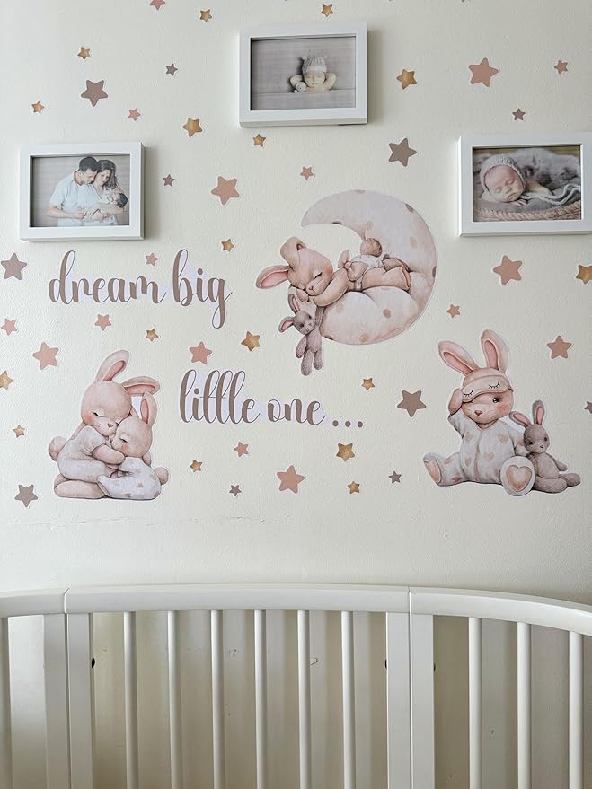 Nursery Wall Stickers, Baby Girl Room Decor, Bunny Wall Decal, Boho Toddler Decor, Beige Peel and Stick Animal Decals for Nursery or Girls Bedroom.