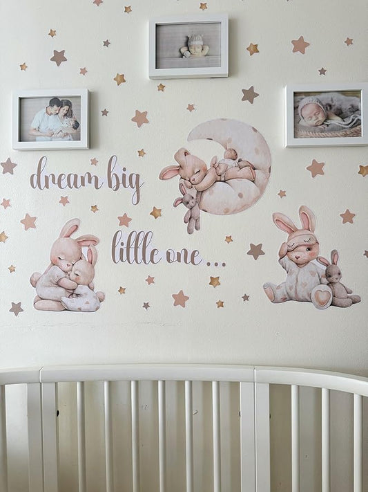 Nursery Wall Stickers, Baby Girl Room Decor, Bunny Wall Decal, Boho Toddler Decor, Beige Peel and Stick Animal Decals for Nursery or Girls Bedroom.