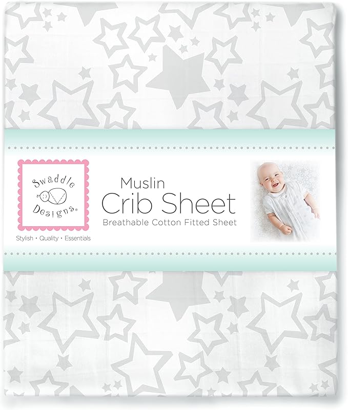 SwaddleDesigns Softest Cotton Muslin Fitted Crib Sheet/Toddler Sheet for Baby Boy & Girl, Sterling Starshine