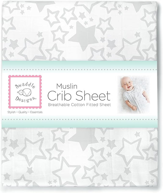 SwaddleDesigns Softest Cotton Muslin Fitted Crib Sheet/Toddler Sheet for Baby Boy & Girl, Sterling Starshine