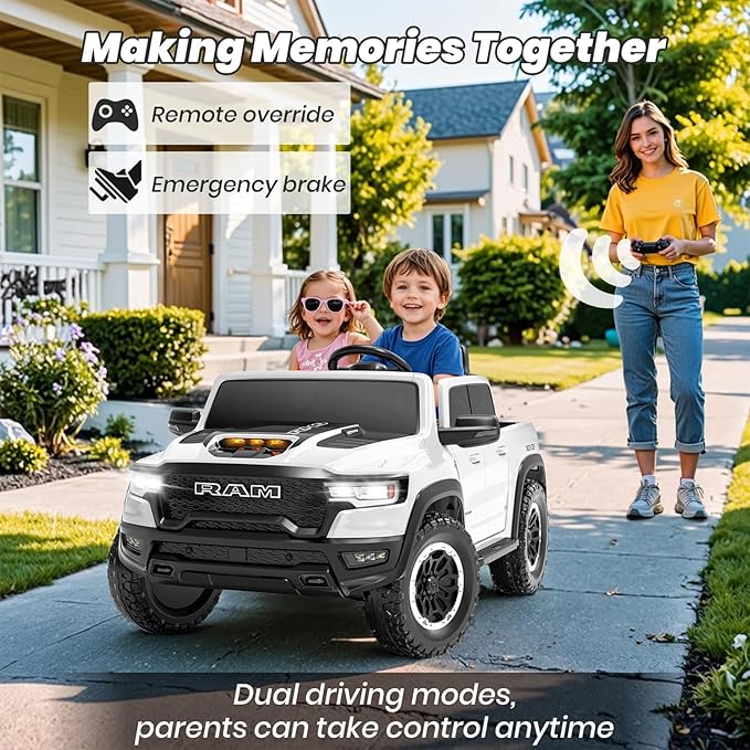 Licensed RAM 1500 RHO 24V Ride on Toys for Boys & Girls, 2 Seater Kids Electric Car, Kids Ride on Car w/Remote Control, LED Lights, Bluetooth Music, Truck Bed Storage(White)