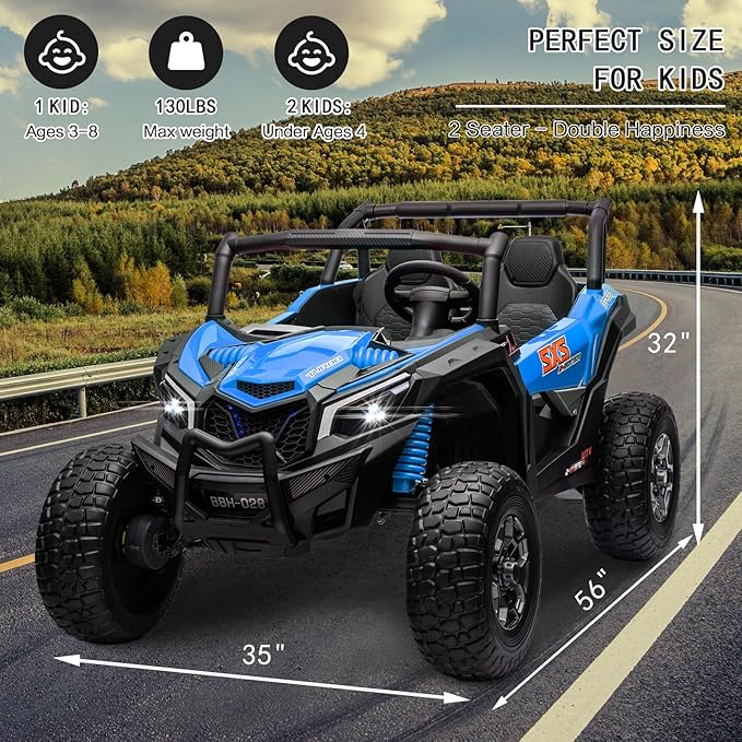 MOLACHI Kids Ride on Car, 24V Children Electric Cars with EVA Wheels, 4WD Kid Remote Control Vehicle, 3 Speeds, LED Lights, 2 Adjustable Seater, 4 Shock Absorbers, Bluetooth, Music & Horn -Blue