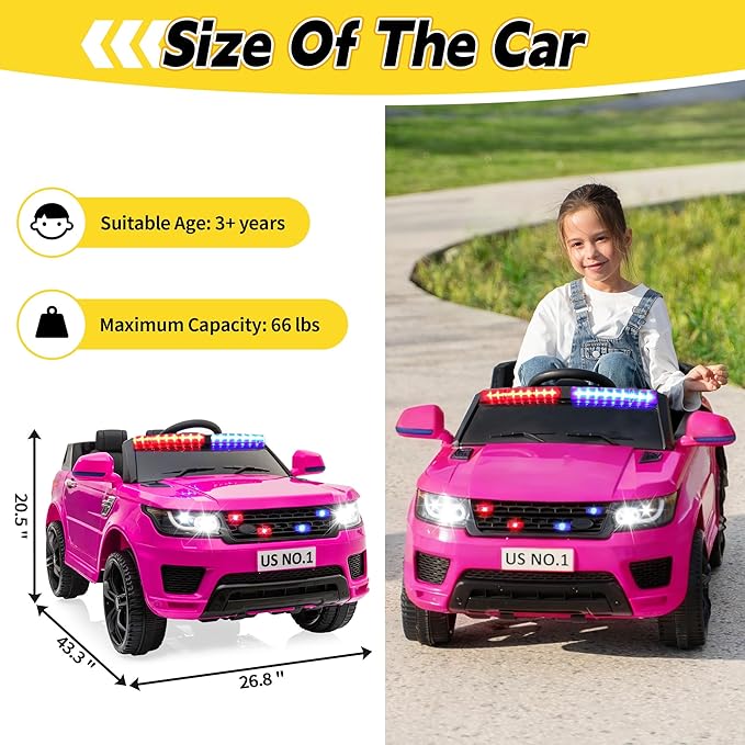 TOBBI Electric Cars for Kids Driving Remote Control Ride on Police Riding Car 4 Wheels Vehicles 12V Battery Cop Truck for Toddlers with Siren, Flashing Lights, Music, Pink