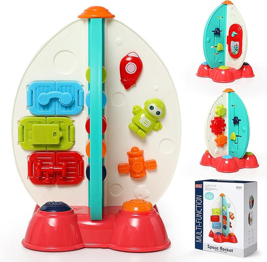 Musical Space Activity Cube Toy with Lights & Sounds - Sensory Educational Busy Board for Baby Boys Girls 6-18 Months, Montessori Learning Toy 1st Birthday Gift (Rocket Theme)