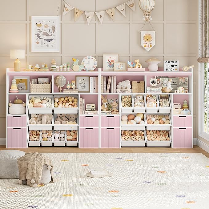 HORSTORS 55" W Toy Storage Organizer with Drawers, Large Kids Toy Storage Box with Removable Bins, Tall Kids Bookshelf and Bookcase for Boys and Girls, Modern Toy Chest for Playroom, Classroom, Pink
